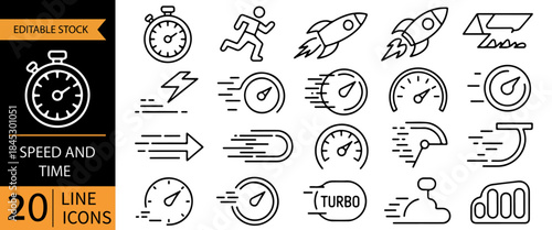 This icon set features line icons related to speed, time, and performance, including imagery of stopwatches, speedometers, a running person, rockets, and a turbo. 