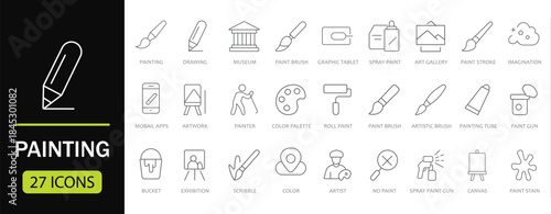 Painting Line Icon set. Features brush, Art, Brush, Creative, Design, Palette, Canvas, Tool, Color, and Drawing. Perfect for art apps, education & UI design.