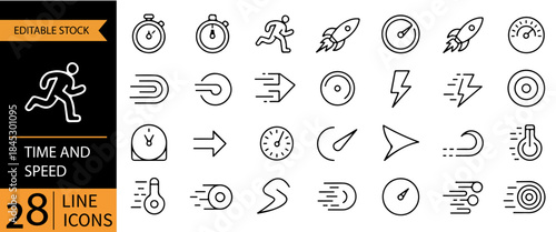  set features line icons related to speed, time, and performance, including imagery of stopwatches, speedometers, a running person, rockets, and a turbo. 