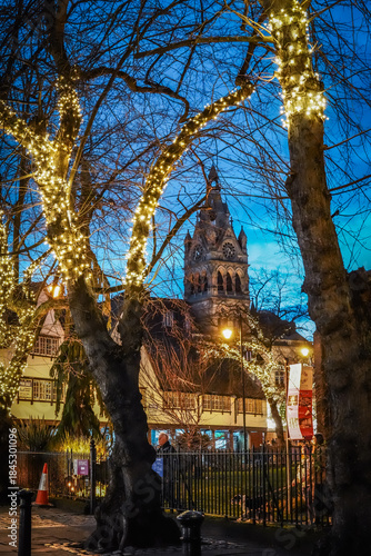 Chester city centre in the blue hour before chirstmas