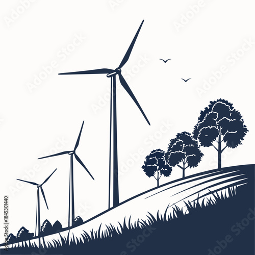Silhouette illustration of wind turbines on a hill, symbolizing renewable energy and environmental protection.