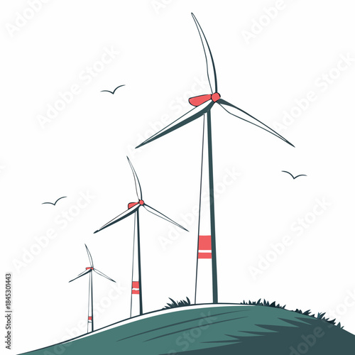 A minimalist illustration showing three wind turbines on a stylized landscape generating clean energy