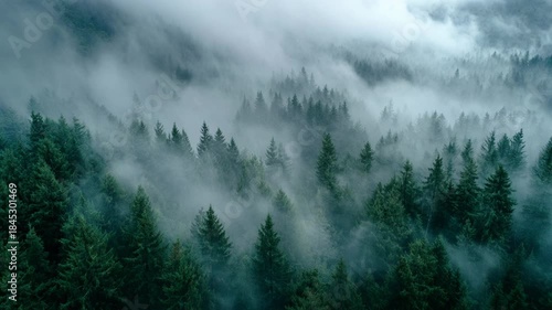 Mysterious aerial view of moody green forest landscape with thick fog and misty clouds over evergreen pine tree canopy, dramatic and atmospheric nature wilderness