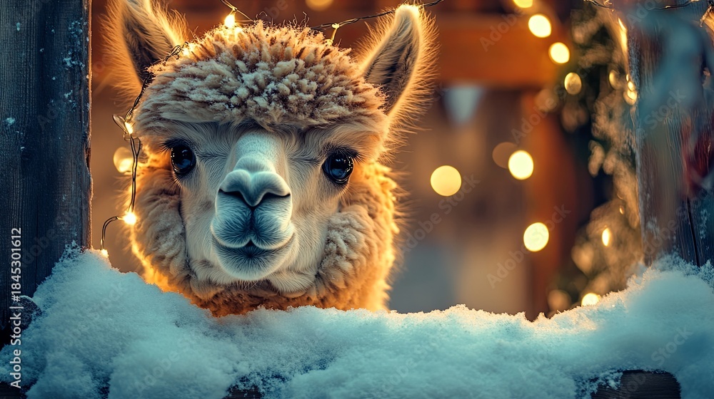Obraz premium curious alpaca peeking from snowy stable decorated with lights .