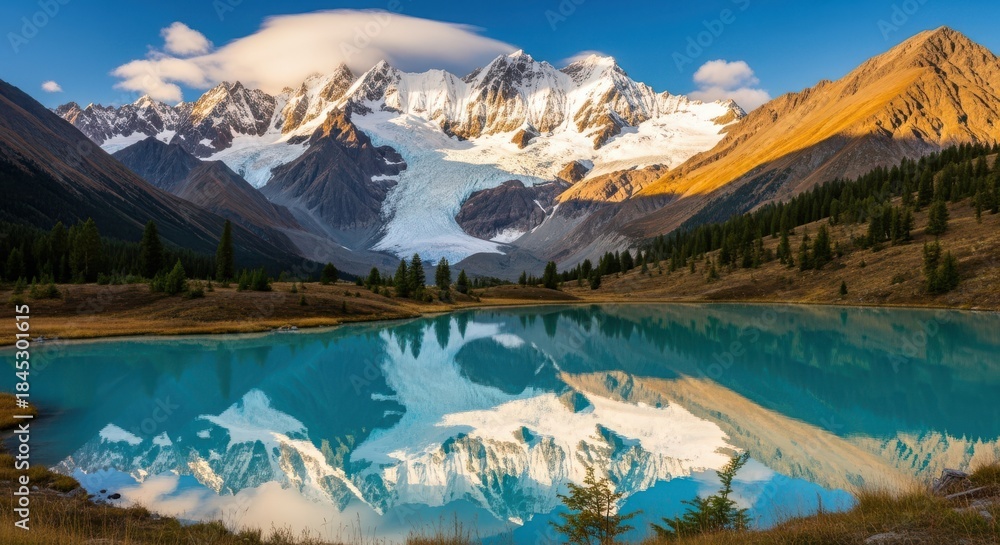 Obraz premium Majestic snow capped mountains reflected in a pristine turquoise alpine lake