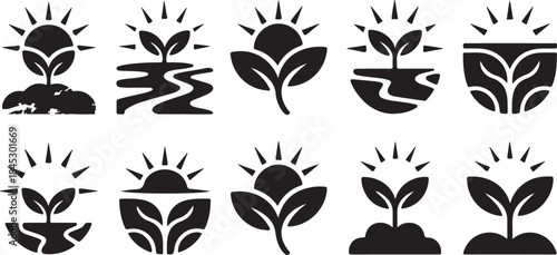 Ten black and white icons representing plant growth and nature with sun and soil elements Keywords: plant, sprout, seedling, growth, nature, sun, sunrise, soil, earth, leaf, leaves, sproutling