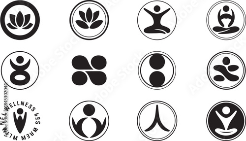 Twelve black and white icons representing yoga poses, lotus flowers, and abstract wellness symbols meditation