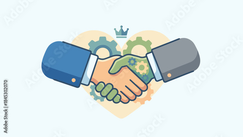 Business handshake human robot hands heart shape. Trust loyalty partnership concept. AI collaboration. Mechanical gears cogwheels. Teamwork agreement deal flat vector illustration.