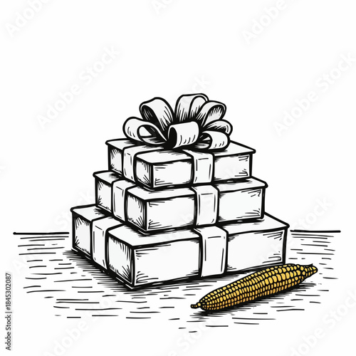 Gift boxes stacked with a ribbon alongside an ear of corn  