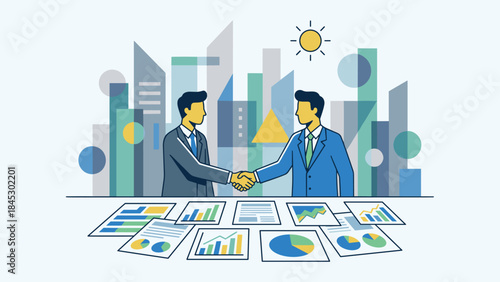 Business partnership agreement. Two businessmen shaking hands over financial documents charts. Abstract city skyline. Corporate teamwork deal. Contract negotiation. Finance meeting.