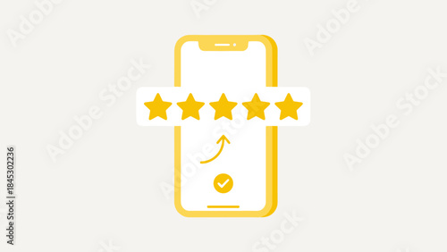Five star rating on smartphone screen. Customer satisfaction concept. Excellent review. Quality service app. Evaluation symbol. Best rank. Success vote. Top tier. User experience.