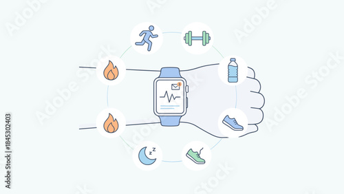 Smartwatch wearable technology. Fitness tracker wrist. Health symbols. Heart rate pulse screen. Activity run sleep calories water. Digital gadget device. Sport lifestyle vector design.