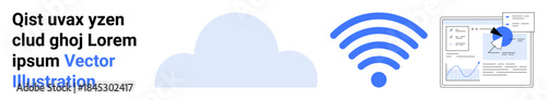 Cloud computing, wireless networks, business analytics, data storage, technology infrastructure, remote work. Cloud icon, wireless symbol and data analytics chart. Cloud computing and wireless
