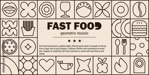 Geometric line fast food restaurant pattern with pizza and burger mosaic menu.