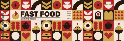 Fast food poster with  mosaic pattern and abstract ingredient background.