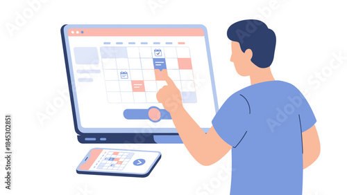 Online appointment booking. Person selecting date on calendar. Schedule management. Business planning. Time organizer. Laptop reservation. Phone agenda. Meeting deadline vector.