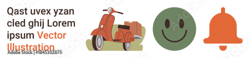 Travel, communication, notification, retro design, social media, positivity. A vintage scooter, happy face and bell icon displayed in minimalist style. Travel and communication concepts