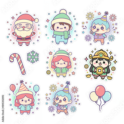 Cute Kawaii Christmas Character Sticker. Winter Holiday Flat Vector Illustration.