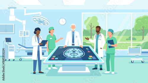 Diverse medical team analyzing brain MRI scan on digital touch table. Doctors diagnosis in modern hospital. Healthcare technology concept. Neurology exam. Smart clinic. Flat vector art