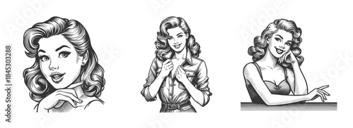 Smiling pin-up women with glamorous hairstyle and bright expressions charm and joy Set collection bundle sketch engraving generative ai vector illustration. Scratch board imitation. Black and white.