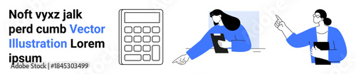 Business planning, teamwork, office management, decision-making, productivity, collaboration. A calculator, woman holding a document and colleague pointing. Business planning and teamwork concept