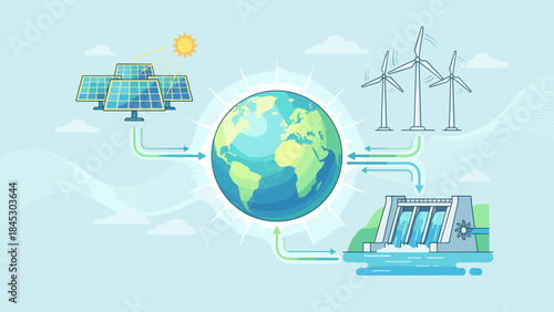Renewable green energy ecosystem. Solar panels, wind turbines, hydro dam around Earth globe. Sustainable electricity sources. Eco friendly power generation. Clean environment.