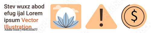 Meditation, safety alerts, finances, business, holistic well-being, money management. Lotus flower, warning triangle and dollar symbol. Meditation and safety alerts concept