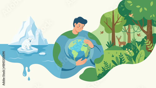Climate change awareness person holding globe gently between melting iceberg and green forest. Environmental protection conservation concept. Global warming