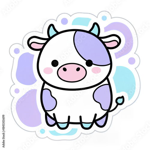 Cute Kawaii Cow Sticker. Flat Vector Illustration in Pastel Colors