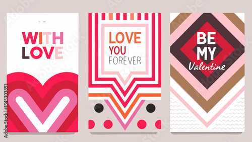 Three colorful valentine s day cards with abstract designs and loving messages