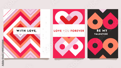 Colorful valentine s day card designs with geometric patterns and loving messages