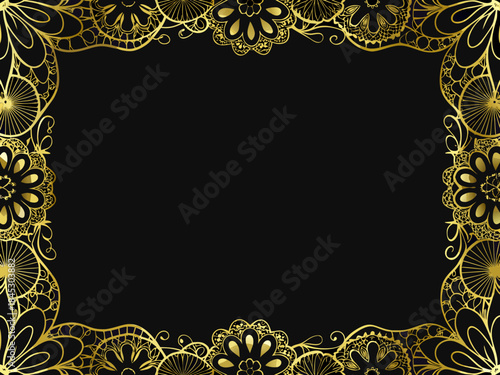 An elegant golden ornamental frame against a dark solid black background
