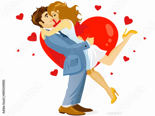 A loving couple embracing with a large heart shaped balloon surrounded by hearts