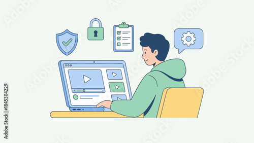 Online cybersecurity training concept. Man watching video tutorial on laptop. Internet safety education. E-learning shield lock checklist icons. Digital security skills data protection.