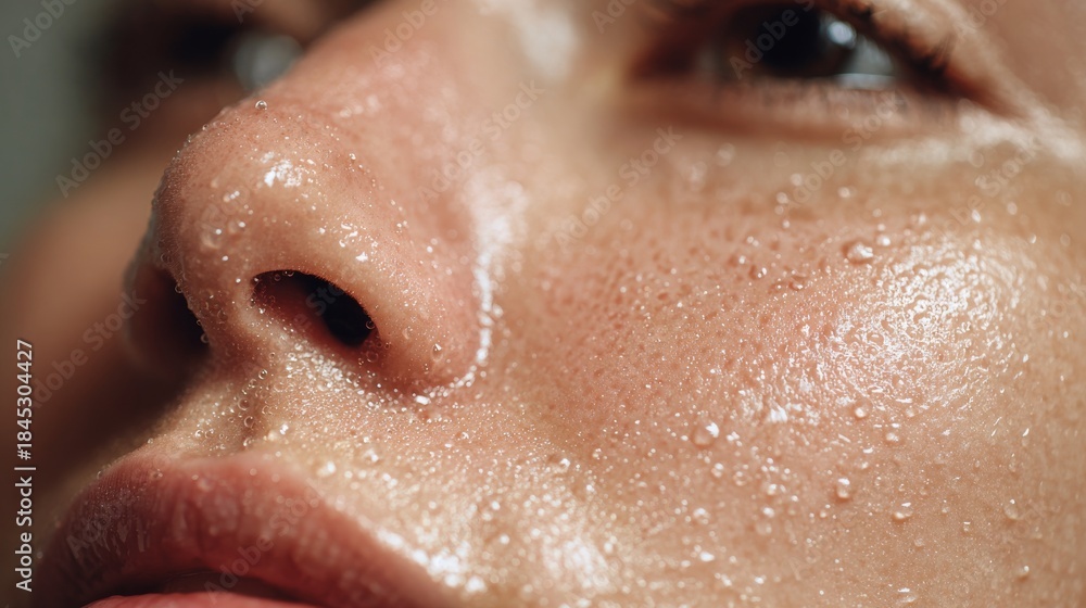 Naklejka premium Close-up of human face with visible sweat droplets on skin surface, highlighting natural texture, pores, and moisture