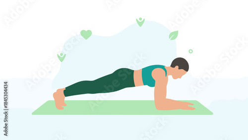 Person doing plank exercise on mat. Fitness core strength concept. Flat vector illustration. Woman workout gym training. Healthy lifestyle. Active body muscle strength balance yoga.