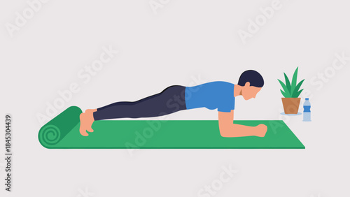 Person doing plank exercise on mat. Fitness core strength concept. Flat vector illustration. Home workout routine. Healthy lifestyle. Bodyweight training. Sport. Active. Gym. Strong. Abs