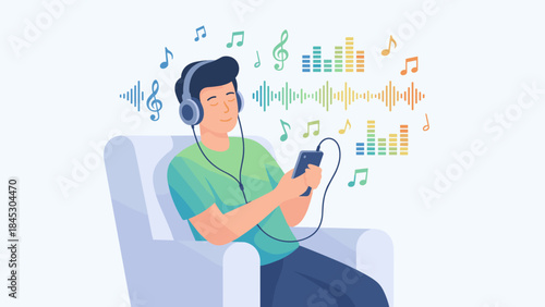 Man listening to music with headphones. Relaxing in armchair with smartphone. Audio streaming concept. Sound waves and notes. Entertainment technology. Leisure vector illustration.