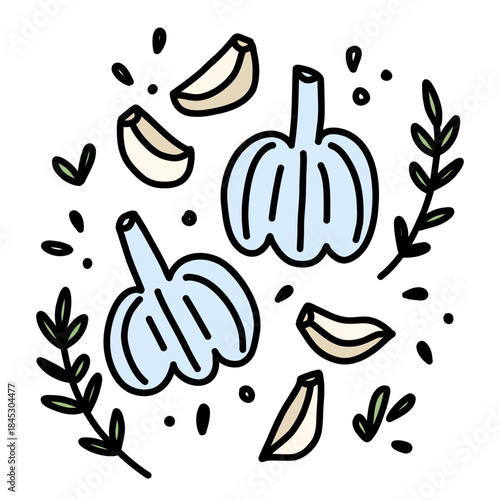 Doodle illustration of garlic heads and cloves among thyme sprigs, garlic bulb