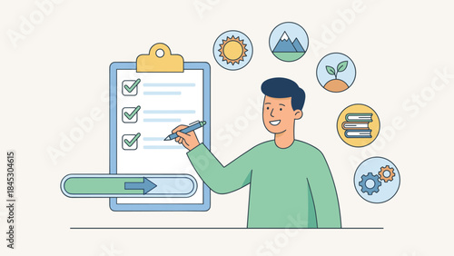 Personal goal tracking habit building. Man checking steps on large checklist. Progress bar, self improvement, productivity. Planning success, motivation, achievement vector.