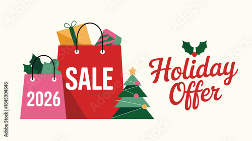 Holiday shopping sale with colorful bags and Christmas tree