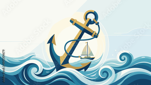 Stylized anchor holding sailboat steady in blue ocean waves. Stability and security concept. Nautical marine symbol. Sea safety strength. Flat vector illustration. Hope and foundation icon.