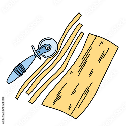 A dough roller cuts a thin sheet of dough into strips, the process of making pasta, noodles