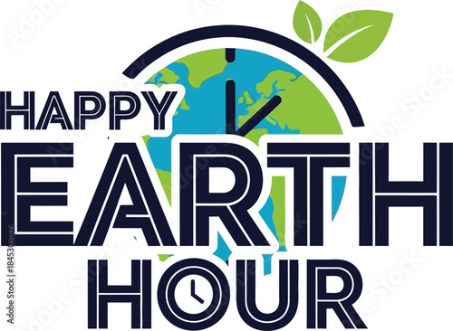 Earth Hour celebration with a clock and leaves on a globe background