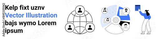 Teamwork, global communication, data sharing, digital collaboration, online community, workforce connectivity. Person interacting with digital graphs and user network icons. Teamwork and global