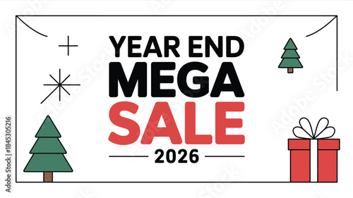 Year end mega sale banner with Christmas trees and gift