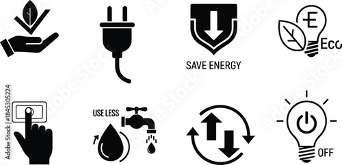 Eco Friendly Energy Conservation Icons Set for Sustainable Living