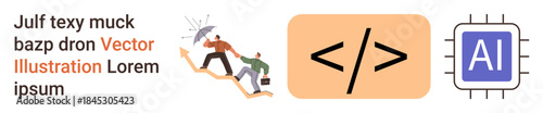 Business strategy, teamwork, AI, coding, data innovation, and digital transformation. People helping on graph, code icon AI chip. Business strategy and teamwork in technological contexts
