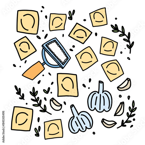 Set of ravioli with garlic and herb filling, stamp for cutting out dough, Italian home cooking