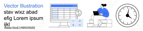 Business planning, productivity tools, time management, financial services, personal finance, remote work. A computer spreadsheet, calculator person on laptop and clock. Financial planning